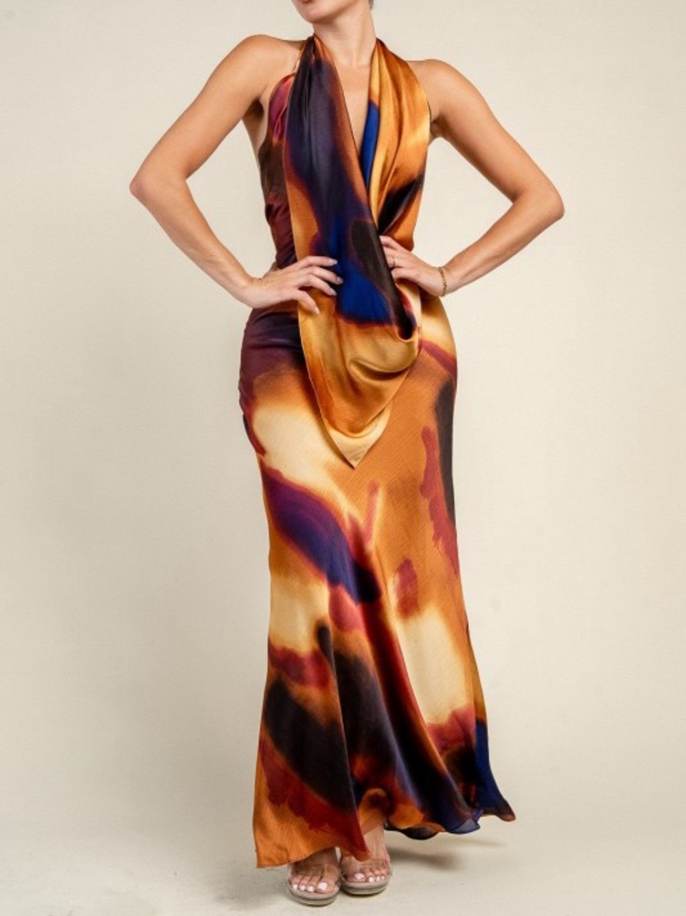 Satin Halter Maxi Dress in Gold and Blue PD79725B